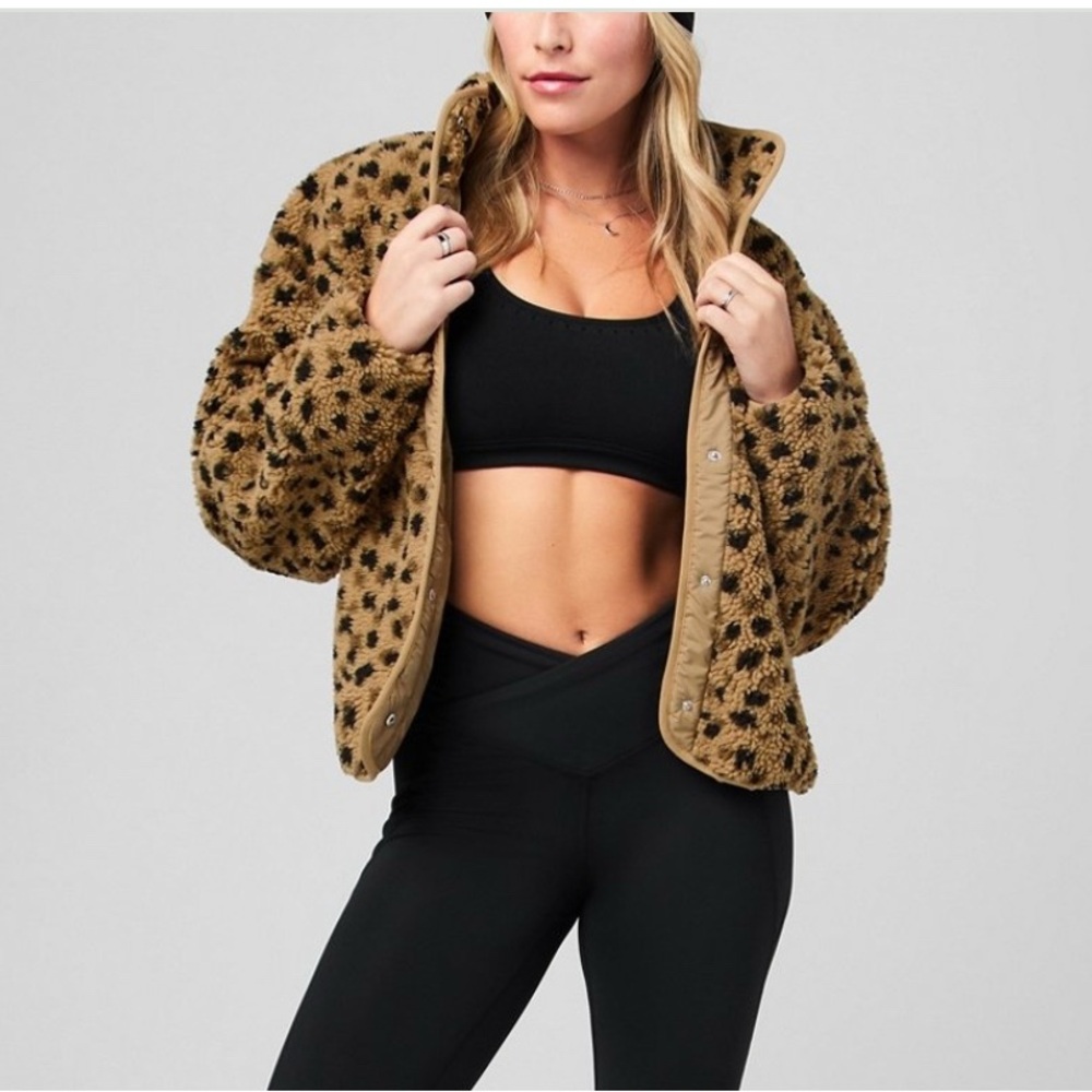Fabletics Tan and Black Patterned Teddy Jacket NWT - image 1